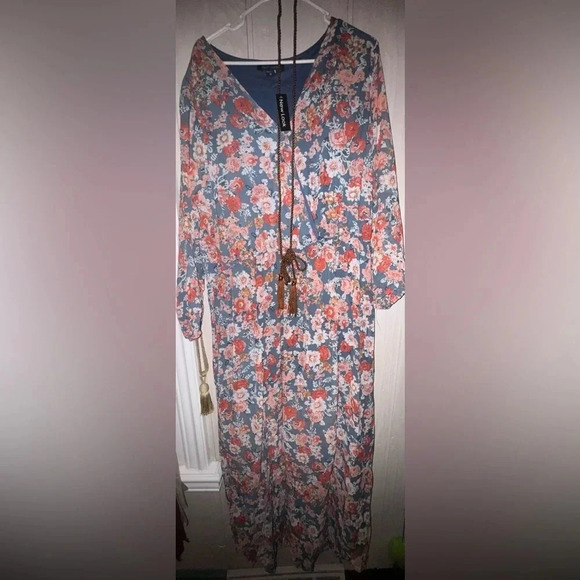 NWT New Look women’s Long Sleeve Floral Dress 2XL blue pink bronze tie belt - Picture 1 of 5